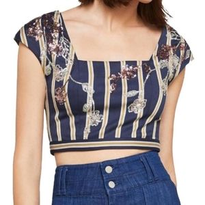 BCBG Striped Floral Sequin Crop Top NWT